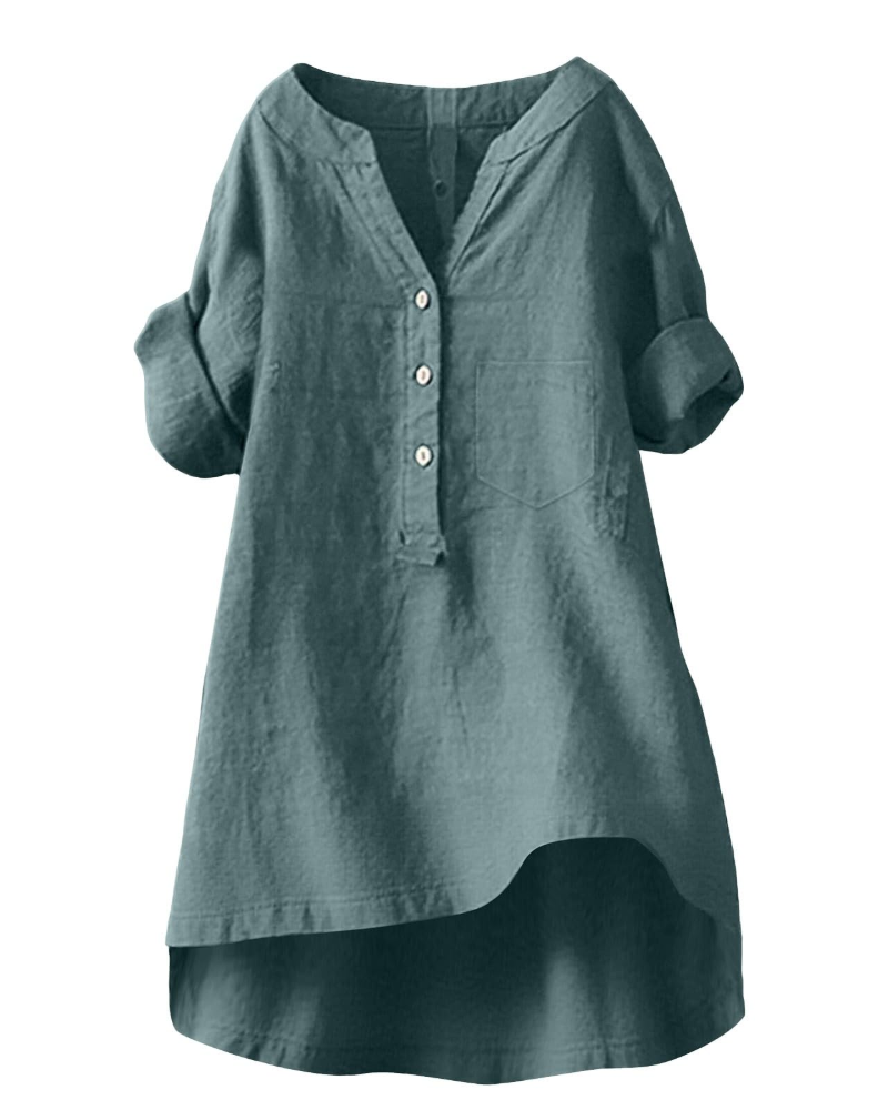 Esla Blouse Femme Été – Lin Coton Col V Boutonnée Grande Taille