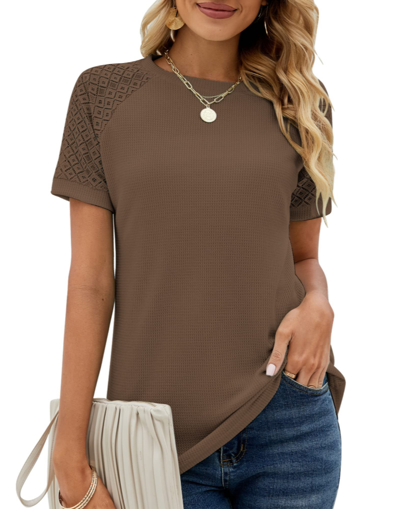 Lace Women's T-Shirt – High Round Neck, Short Sleeves, Loose Fit, Elegant Style