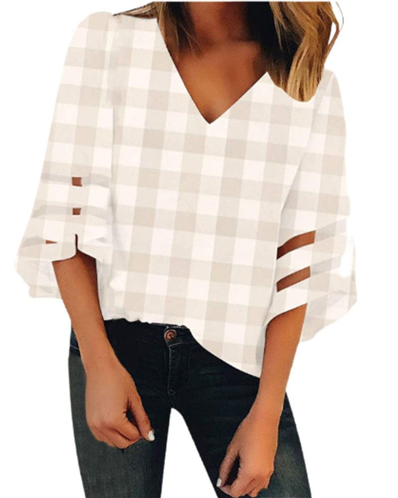 Ghia Damen Sommerbluse – V-Ausschnitt, Glockenärmel 3/4, Eleganter Strick