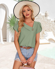 Lily Blouse Femme Été – Coton Col V Manches Pétales Boutonnée