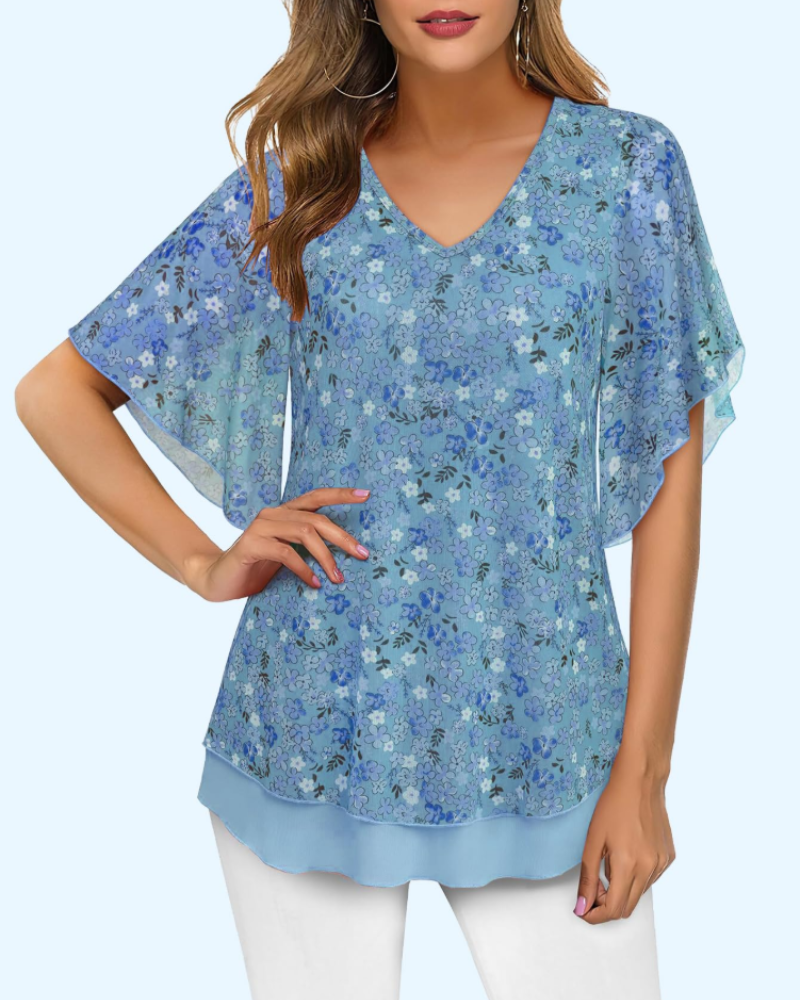 Breelyn Chemisier Femme en Maille – Blouse Col V Double Couche à Manches Volantées