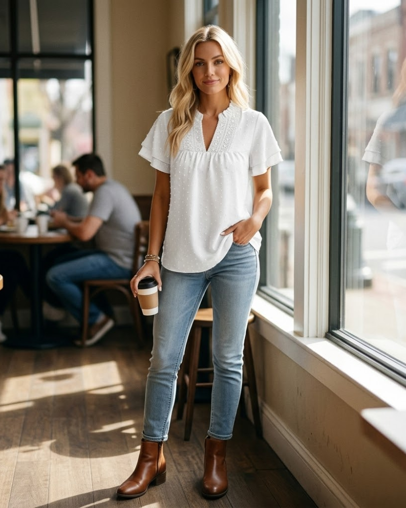 Sofia Haut Femme Été – Blouse Bohème Chic Col V en Dentelle Crochet avec Manches Courtes