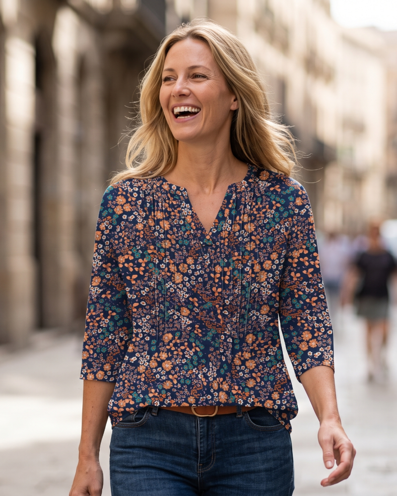 Camille Chemisier Femme Col V – Blouse Plissée à Manches 3/4 Élégante