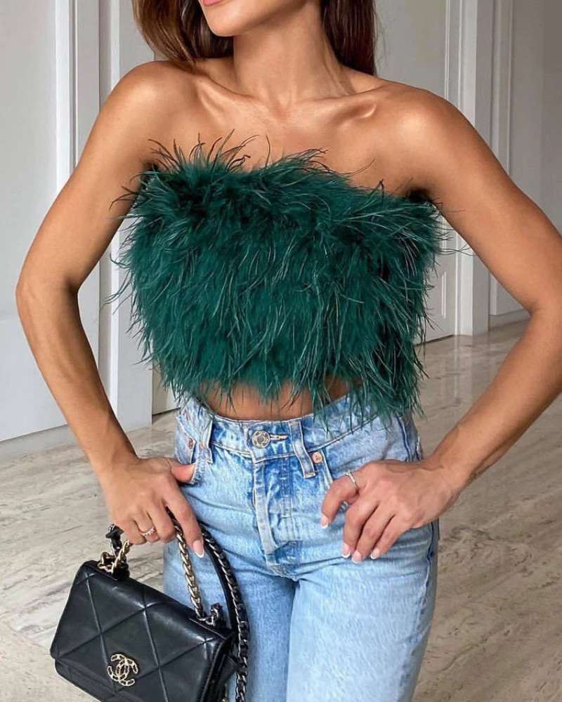Calista női top – Pánt nélküli tollas bandeau top, elegáns szabás estélyekre