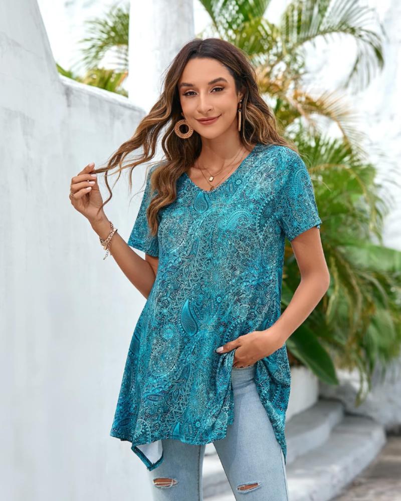 Ivy Tunique Femme Été – Col V Imprimé Paisley Ourlet Fluide