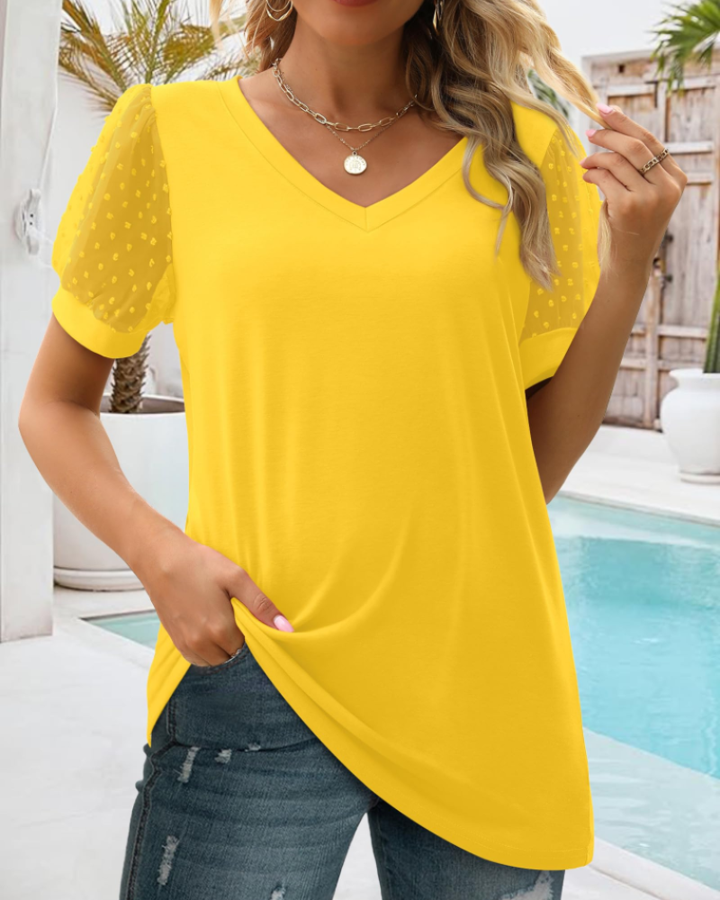 Florina Plumetis Women's Shirt – Elegant V-Neck Blouse with Puff Sleeves