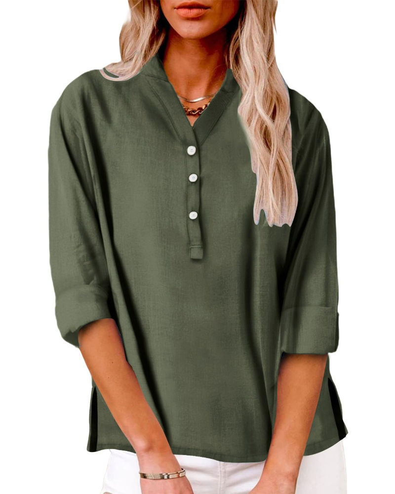 Emma Bluse Damen Sommer – Leinen Baumwolle V-Ausschnitt Oversize mit Knöpfen
