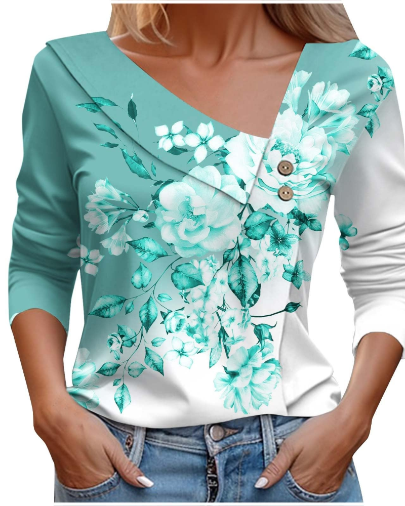 Emily T-Shirt Femme Été – Col V Imprimé Manches Longues Léger