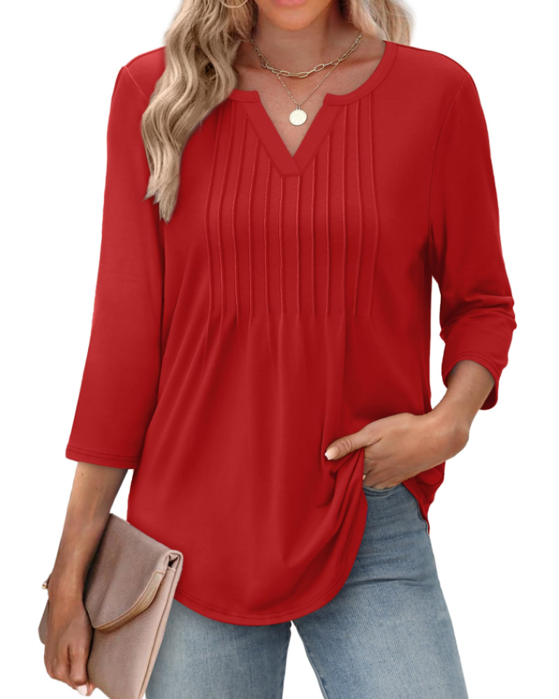 Camille Chemisier Femme Col V – Blouse Plissée à Manches 3/4 Élégante