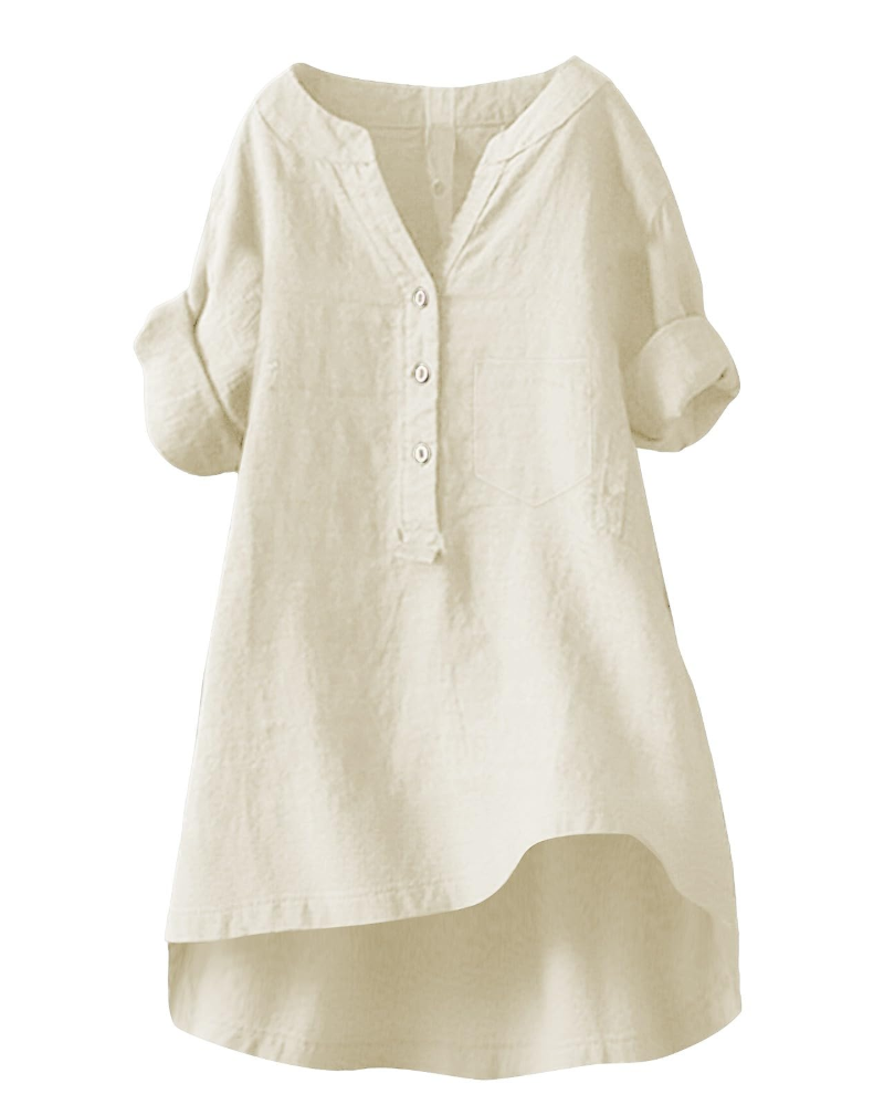 Esla Blouse Femme Été – Lin Coton Col V Boutonnée Grande Taille