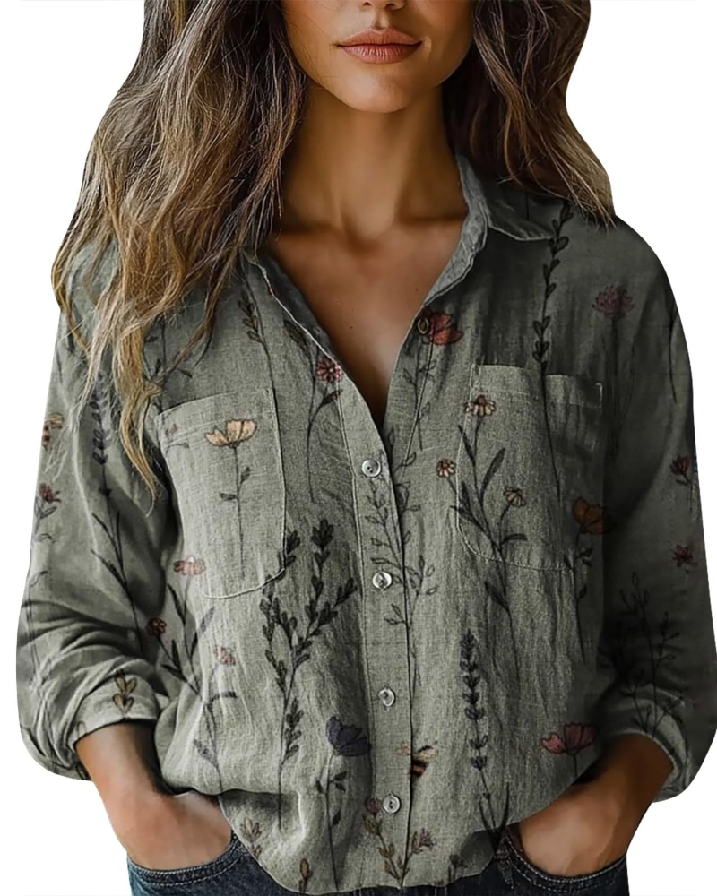 Amelia Blouse Femme Été – Lin Fleuri Col V Boutonnée Manches Longues