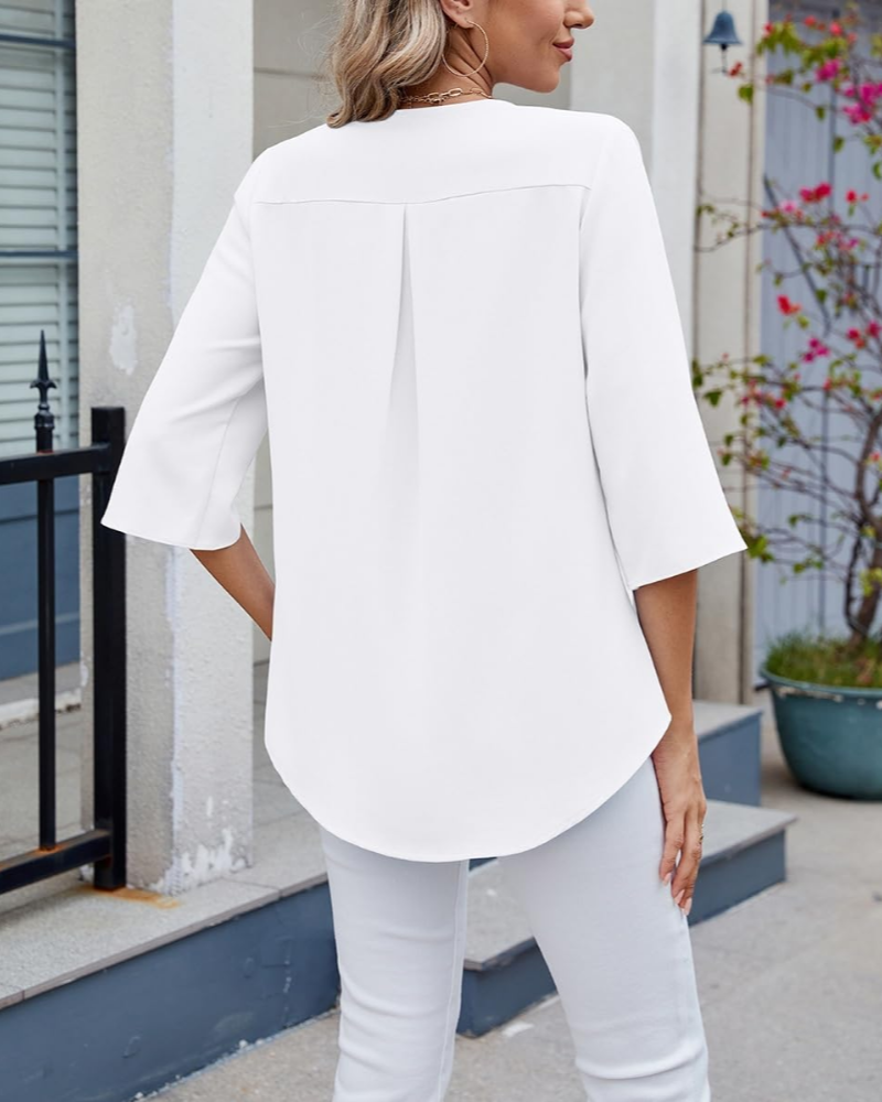 Aran Blouse Femme – Col V Volants Manches 3/4 Élégante
