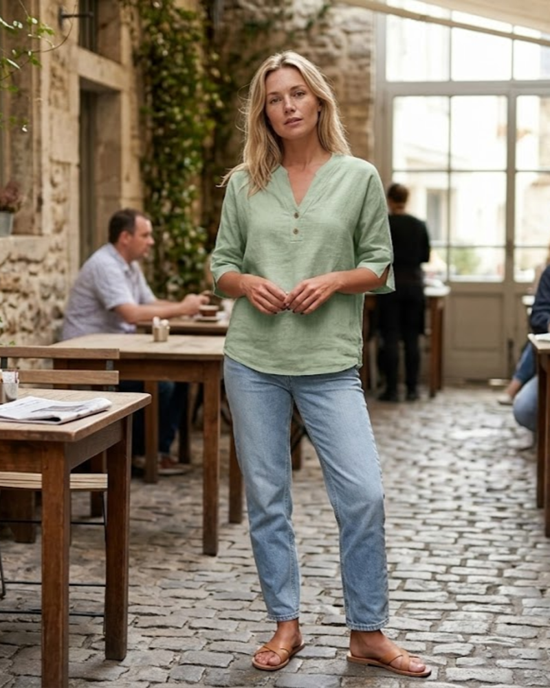 Blusa Fiona Donna Taglia Grande – Lino Collo a V con Bottoni Maniche Corte