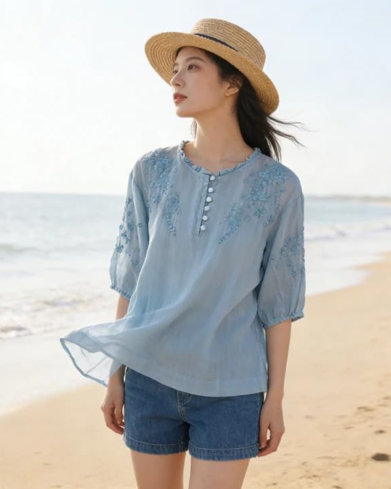 Brightyn Chemisier Bohème Femme en Coton – Blouse Brodée Manches 3/4