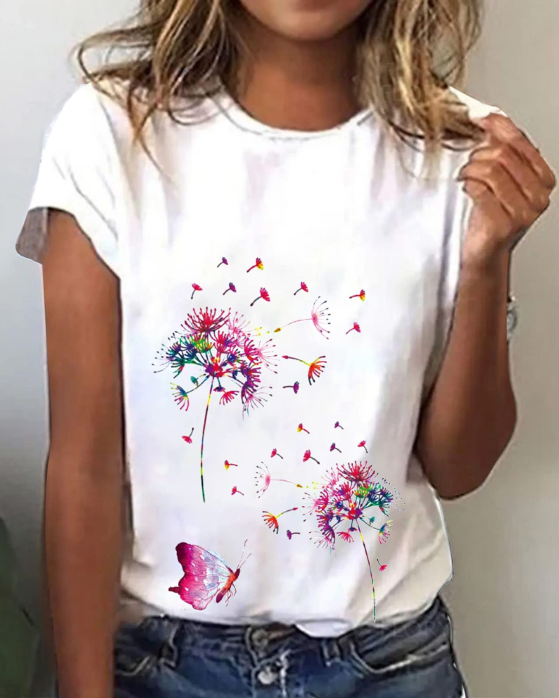Chloe Damen T-Shirt Sommer – Rundhalsausschnitt mit floralem Druck und kurzen Ärmeln
