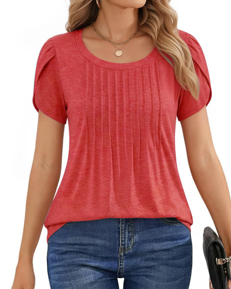 Camisa Fedora Plisada para Mujer – Blusa con Cuello Redondo y Mangas de Pétalo Elegante