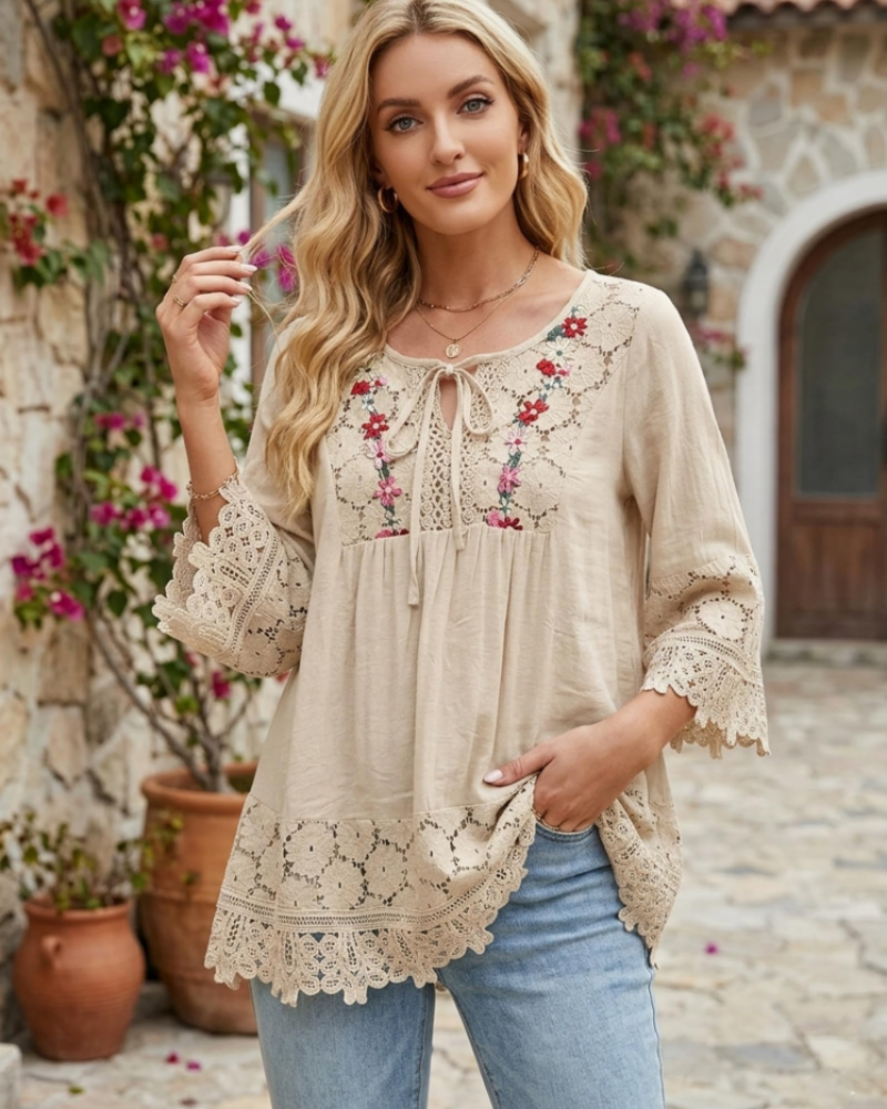 Delilah Chemisier Bohème Femme – Blouse Brodée Col V avec Dentelle et Manches Évasées