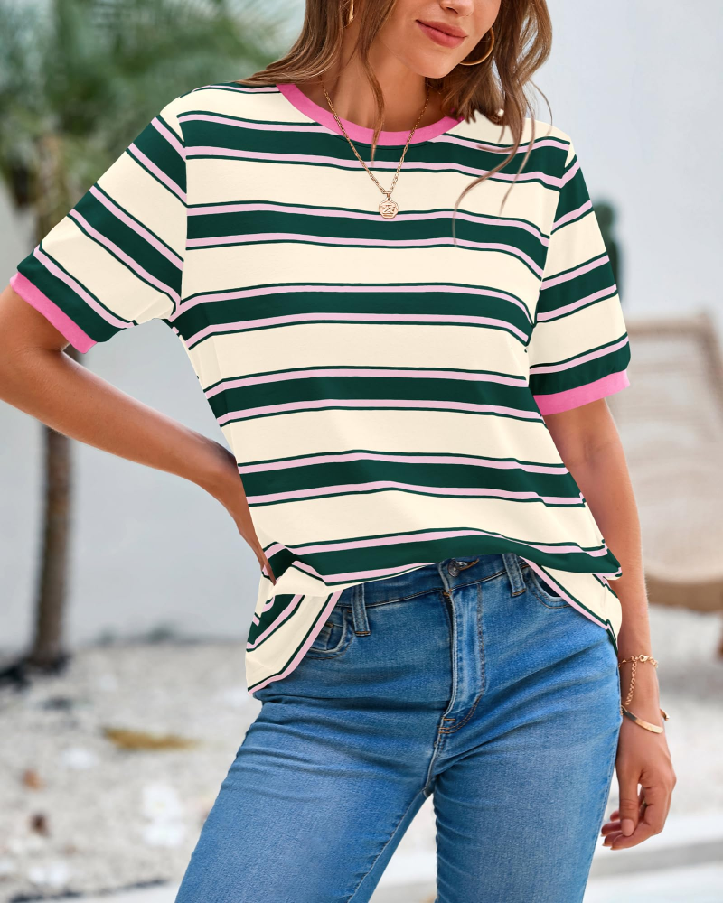 T-shirt Donna Aurora a Righe – Maglia Casual a Maniche Corte con Collo Rotondo e Color Block