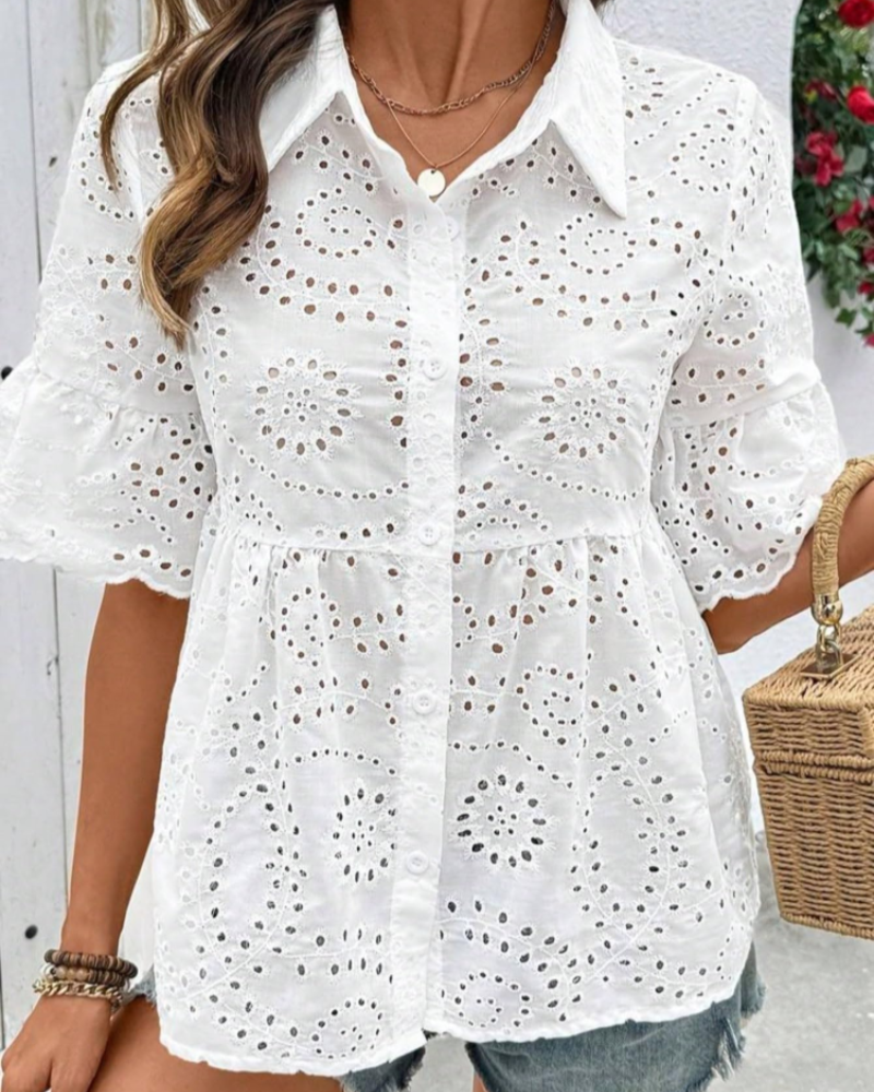 Bethsaida Chemisier Brodé Femme – Blouse Péplum à Volants avec Col Boutonné