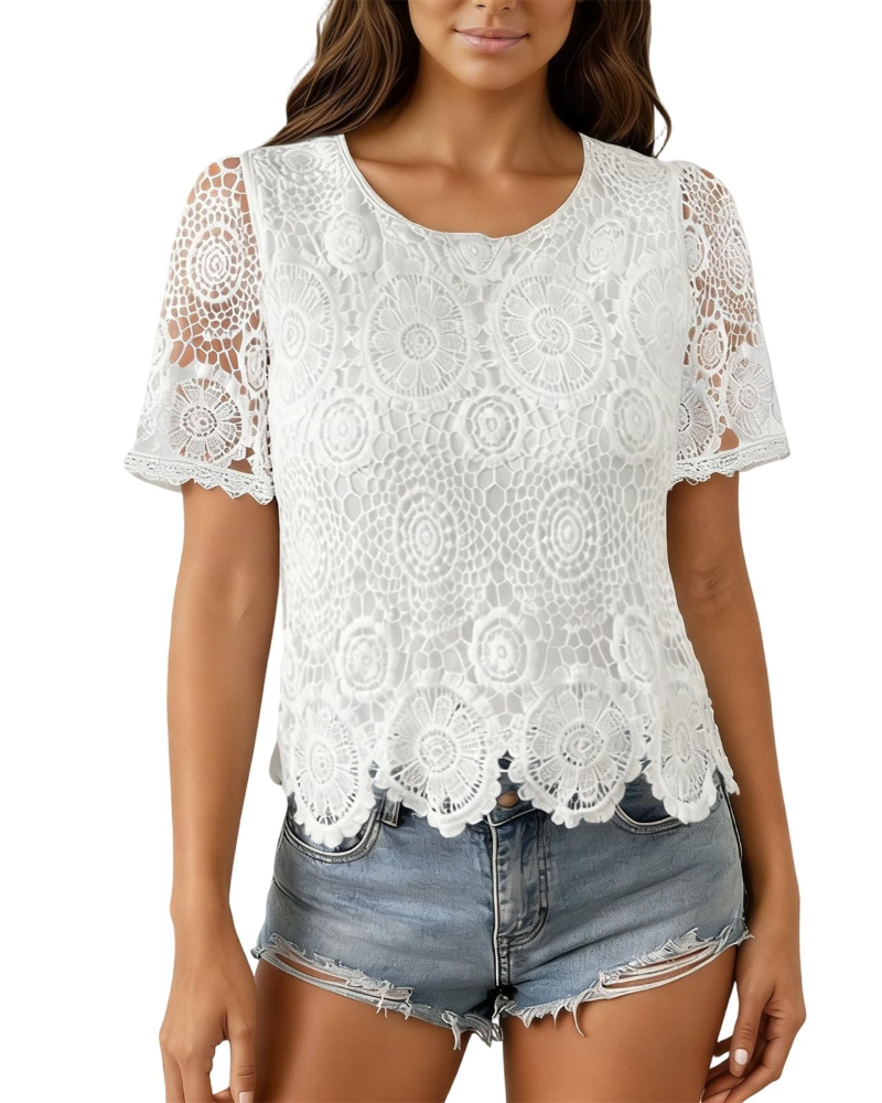 Sophie Blouse Femme Été – Dentelle Col Rond Manches Volantées