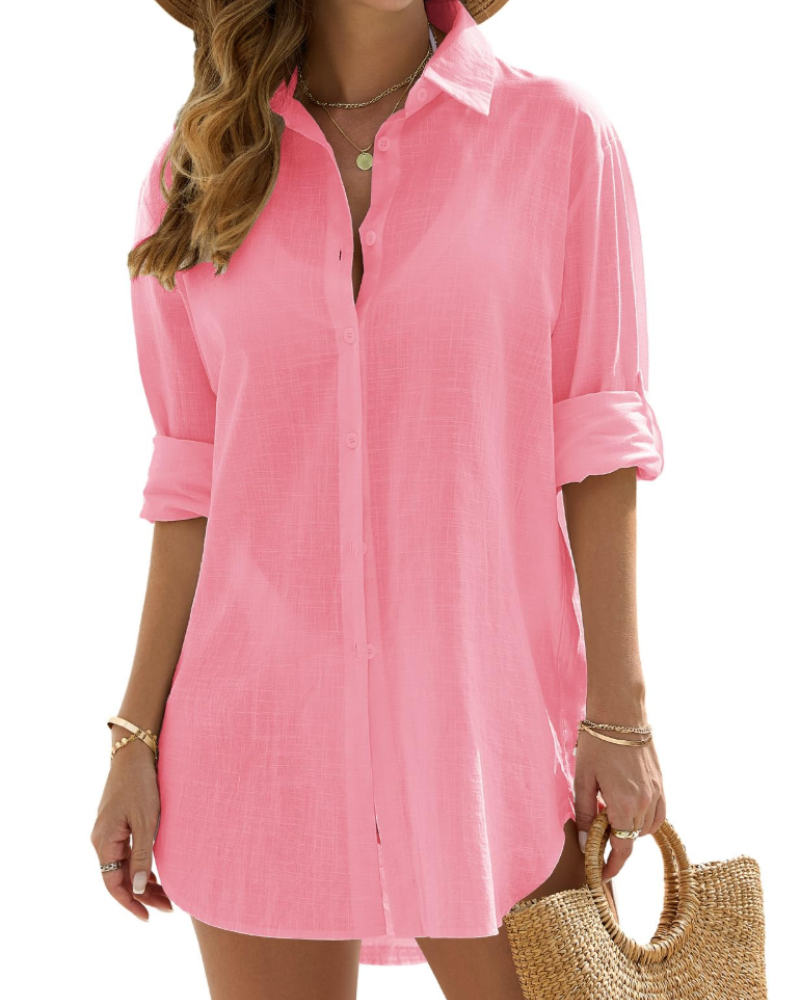 Ysaline ženska tunika za plažu – dugački laneni ogrtač za prekrivanje kupaćeg kostima s lepršavim dugim rukavima
