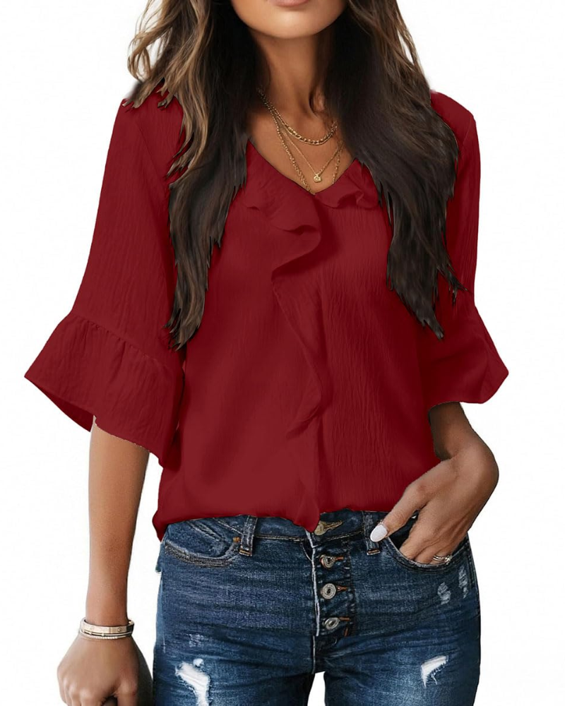Luna Blouse Femme Été – Col V Volants Manches 3/4 Fluide