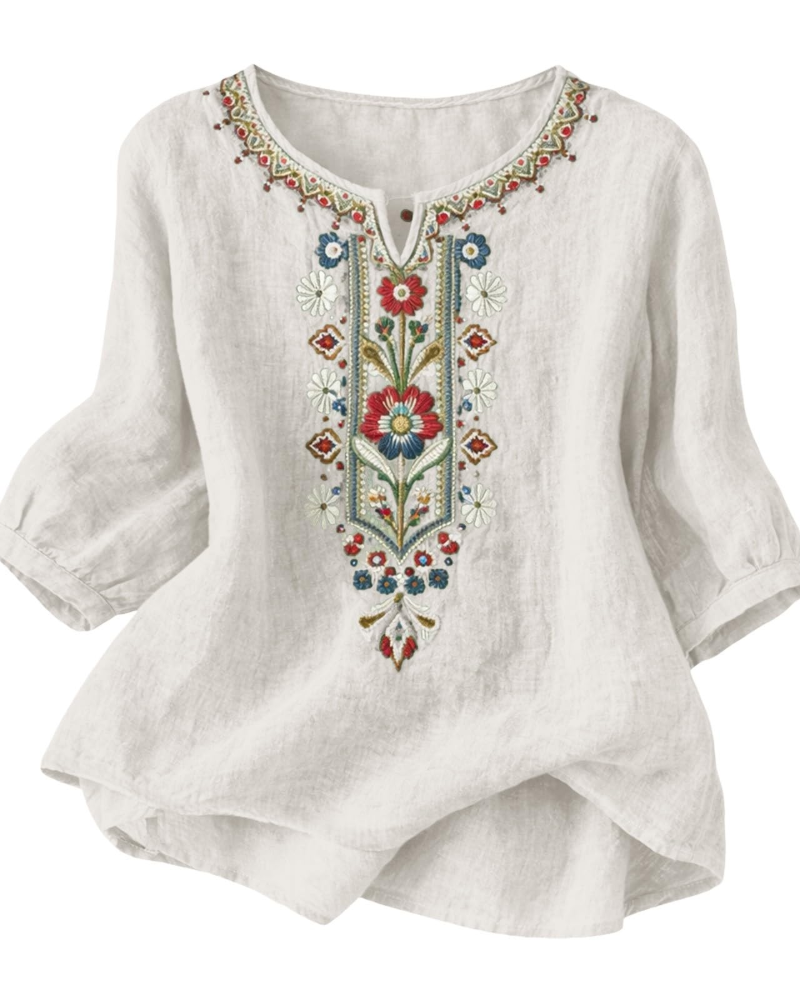 Sarah Blouse Femme Été – Lin Coton Broderie Florale Col V