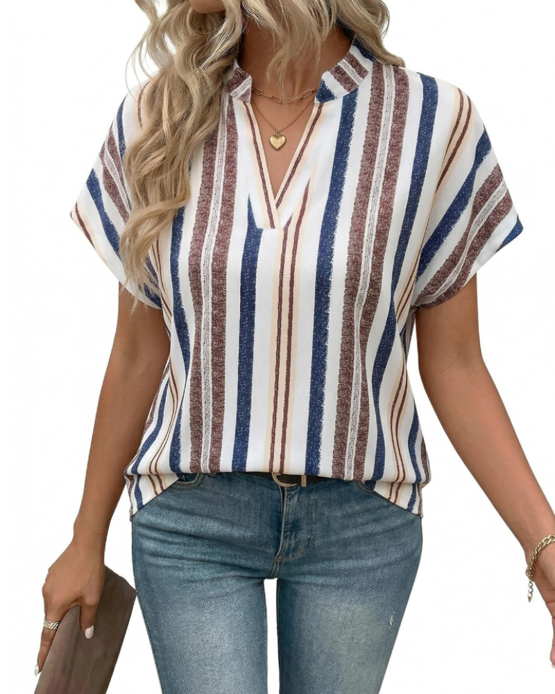 Emily Blouse Femme Rayée – Col V Élégant Manches Courtes