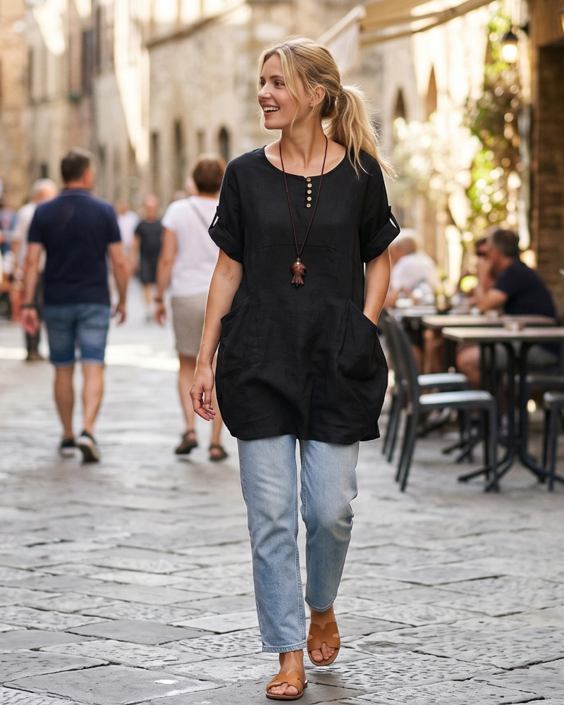 Phoebe Robe Tunique Femme – Robe d'Été Style Lin Coupe Ample avec Poches & Boutons