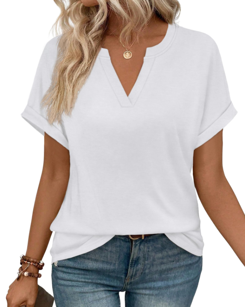 Ivy Bluse Damen V-Ausschnitt – Leichtes Tunika-Oberteil mit kurzen Ärmeln und eleganten Umschlägen