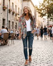 Kimono floral pentru femei Camila – Haină de acoperire din muselină cu mâneci 3/4