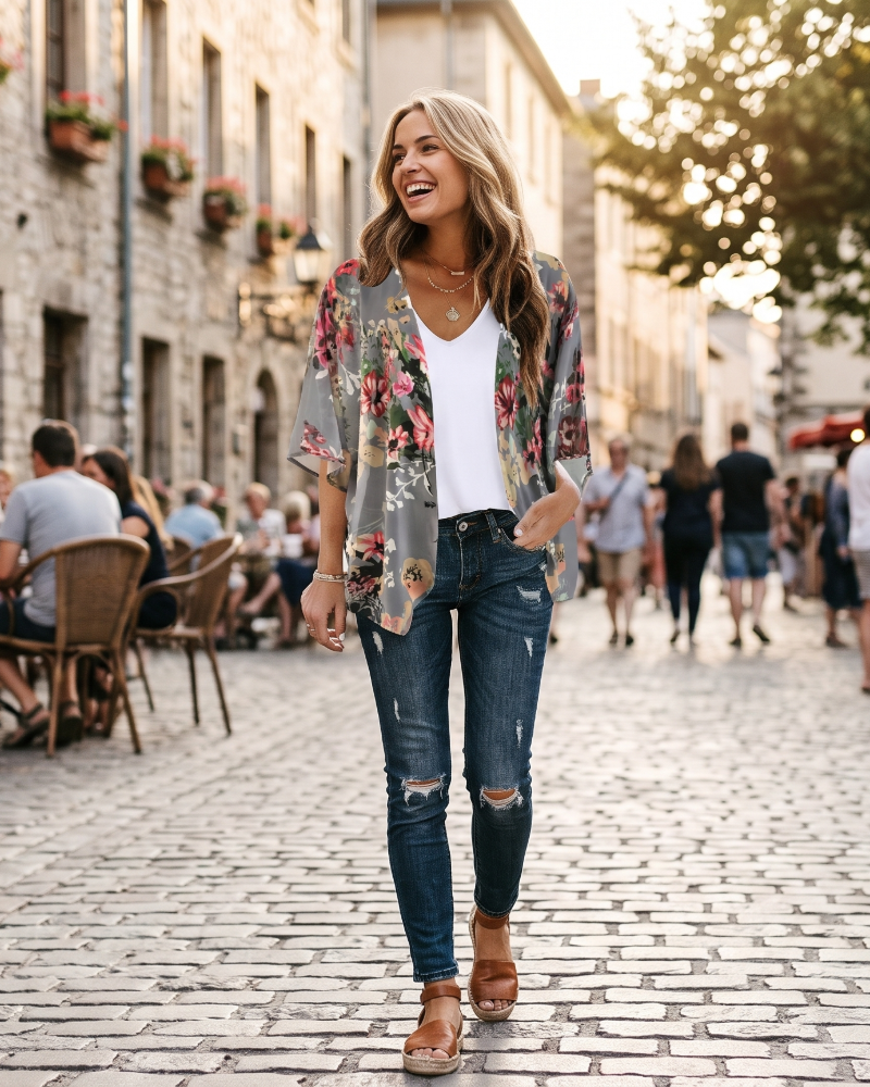 Kimono floral pentru femei Camila – Haină de acoperire din muselină cu mâneci 3/4
