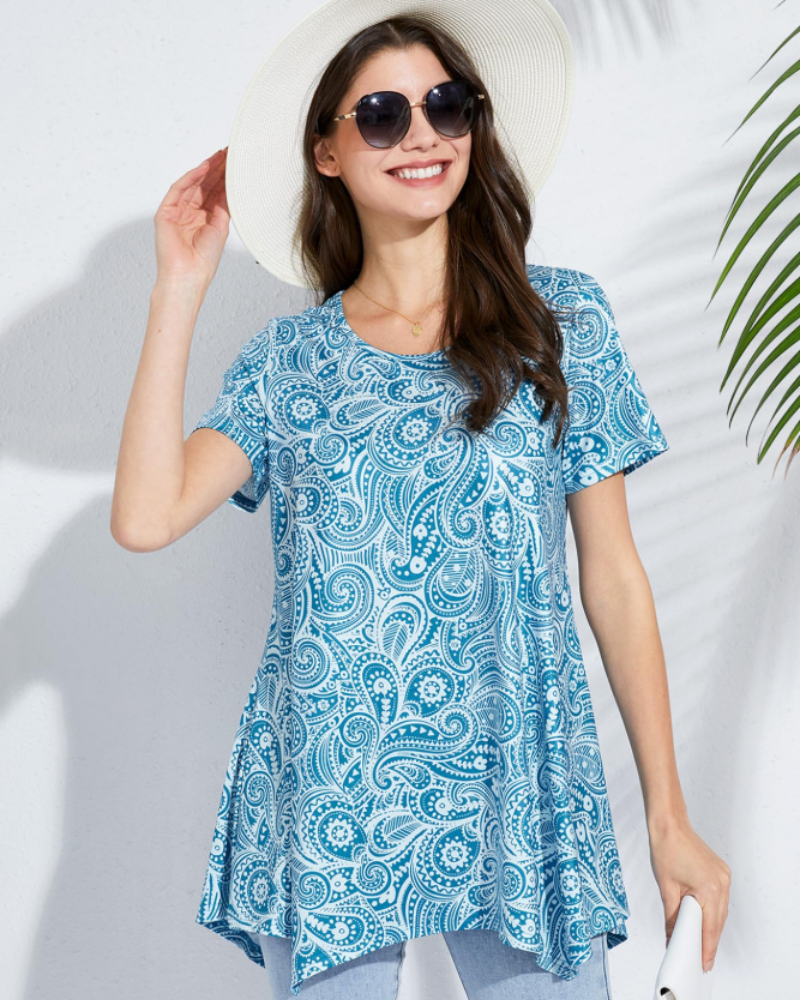 Luna Tunique Femme Été – Florale Paisley Col Rond Manches Courtes