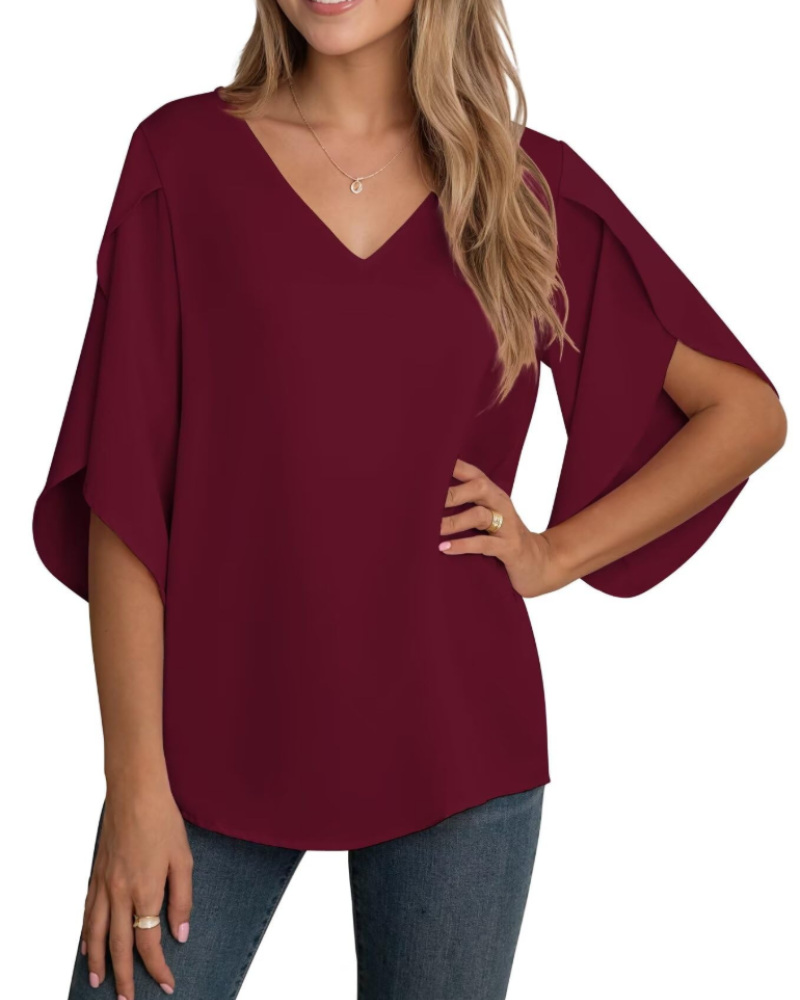 Lucy Bluse Damen – V-Ausschnitt Chiffon mit 3/4-Ärmeln und Schlitzen