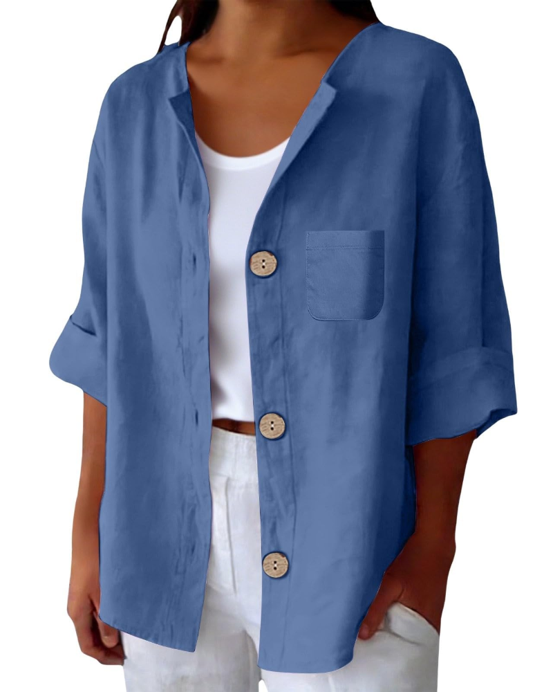 Claire Blouse Femme – Lin Col Rond Manches 3/4 Boutonnée & Poche