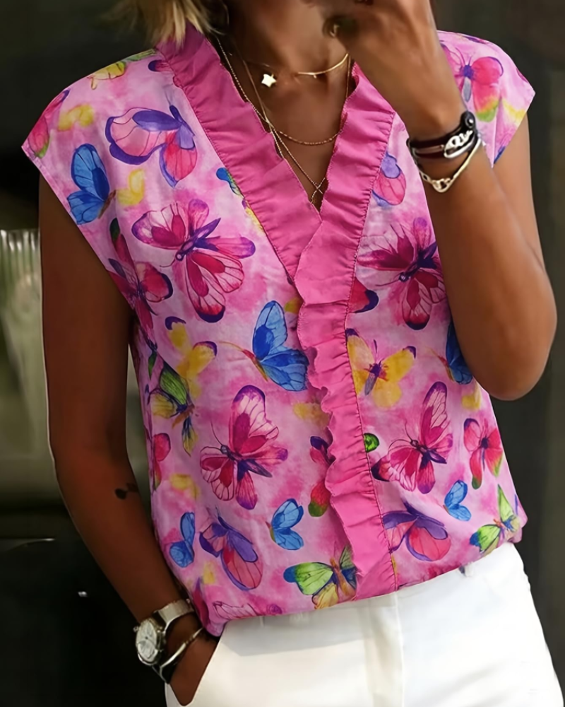 Farren Women's Floral Shirt – V-Neck Blouse with Ruffles and Off-Shoulder Design