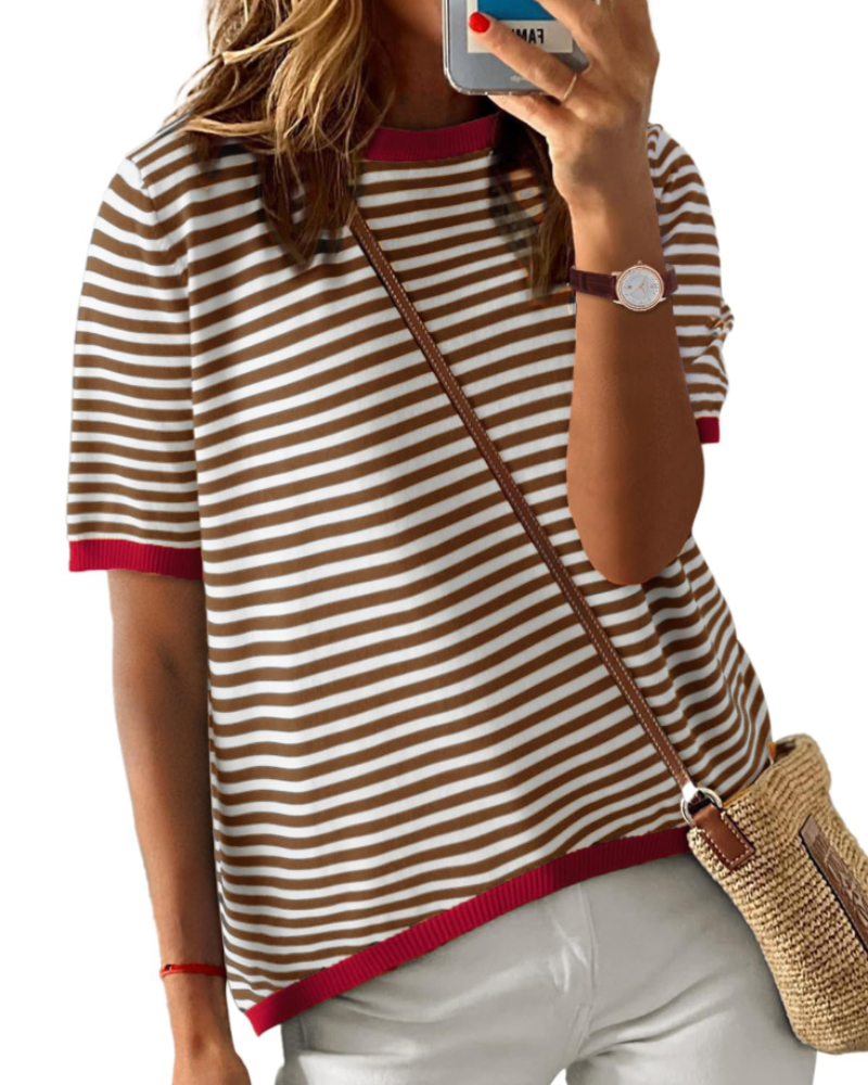 Charlotte Haut Maille Rayé Femme – T-Shirt Col Rond Léger à Manches Courtes