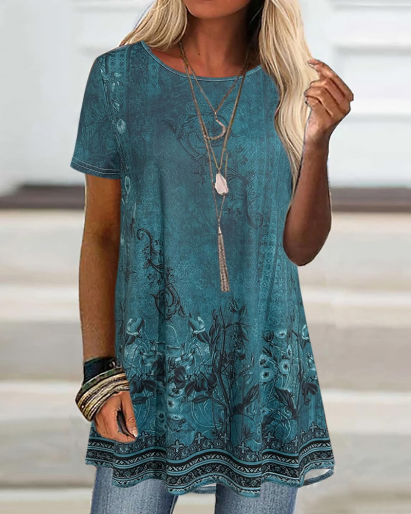Belissa Haut Fleuri Femme – Blouse Col Rond à Manches Lanternes Légère