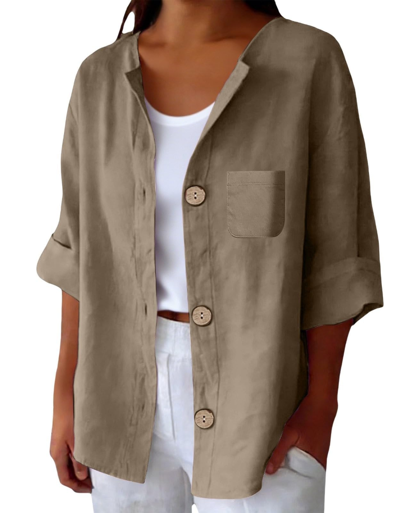 Claire Blouse Femme – Lin Col Rond Manches 3/4 Boutonnée & Poche