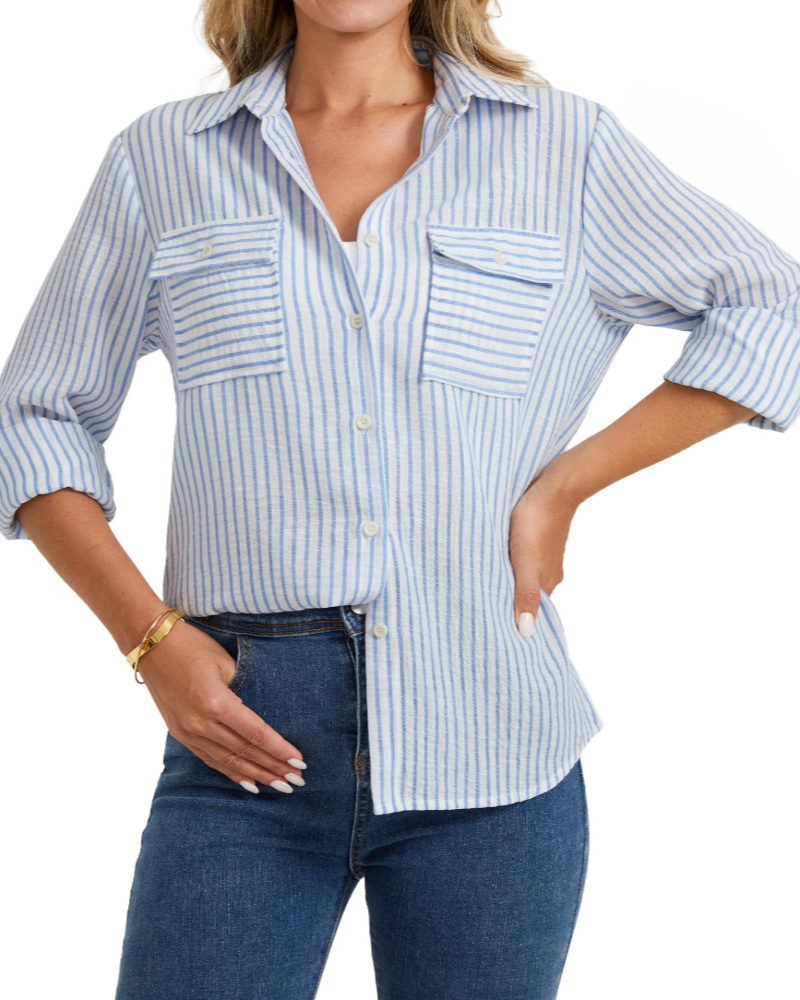 Nora Chemise Femme – Lin Coton Rayée Col V Manches Longues & Poches