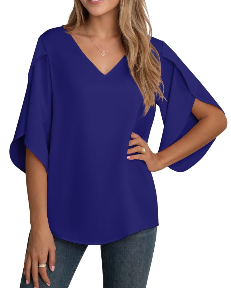 Lucy Bluse Damen – V-Ausschnitt Chiffon mit 3/4-Ärmeln und Schlitzen