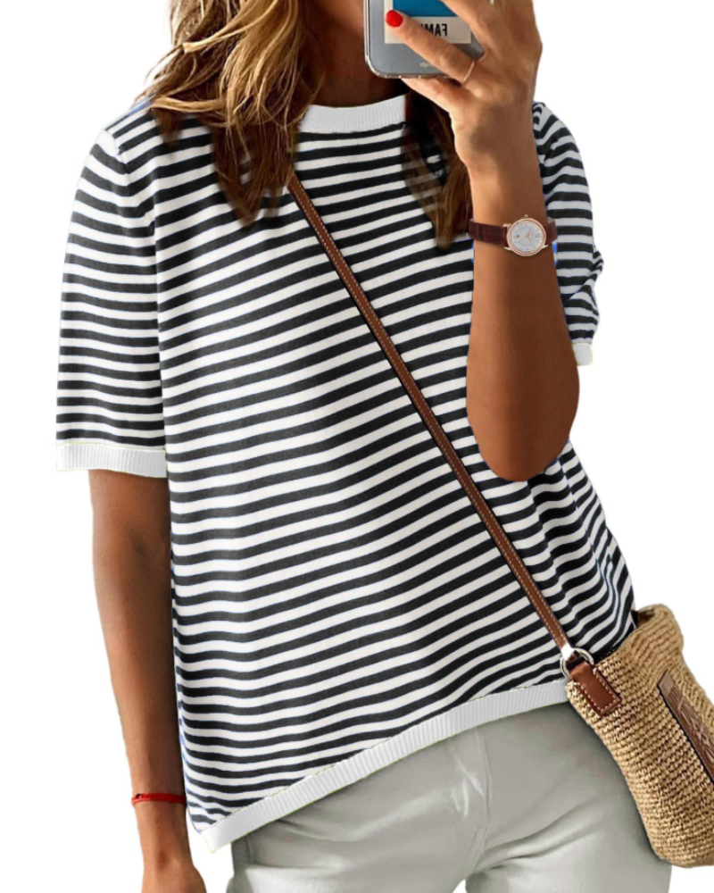 Charlotte Haut Maille Rayé Femme – T-Shirt Col Rond Léger à Manches Courtes