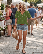 Kendra Boho-Bluse für Damen – V-Ausschnitt zum Binden, Puffärmel