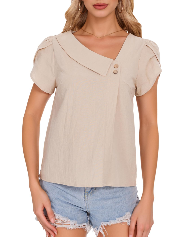 Lily Blouse Femme Été – Coton Col V Manches Pétales Boutonnée