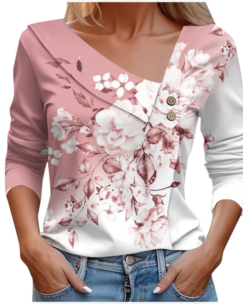 Emily T-Shirt Femme Été – Col V Imprimé Manches Longues Léger
