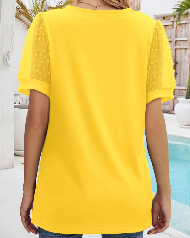 Florina Plumetis Women's Shirt – Elegant V-Neck Blouse with Puff Sleeves
