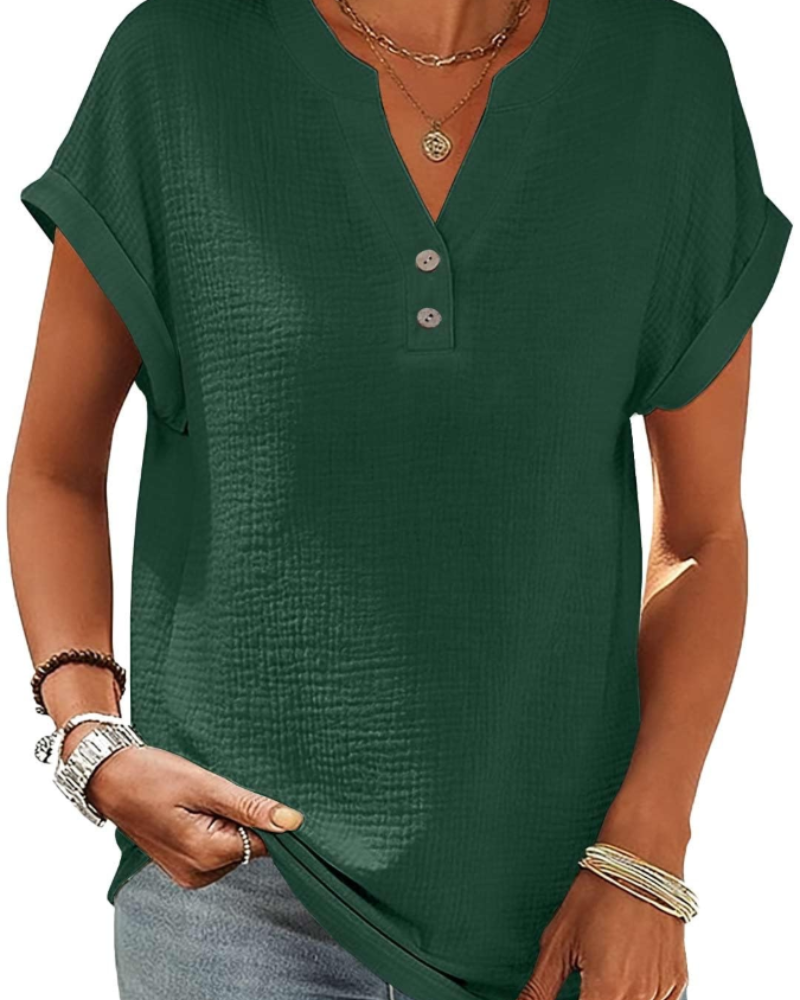 Olivia Blouse Femme Été – Lin Coton Col V Boutonnée Manches Courtes