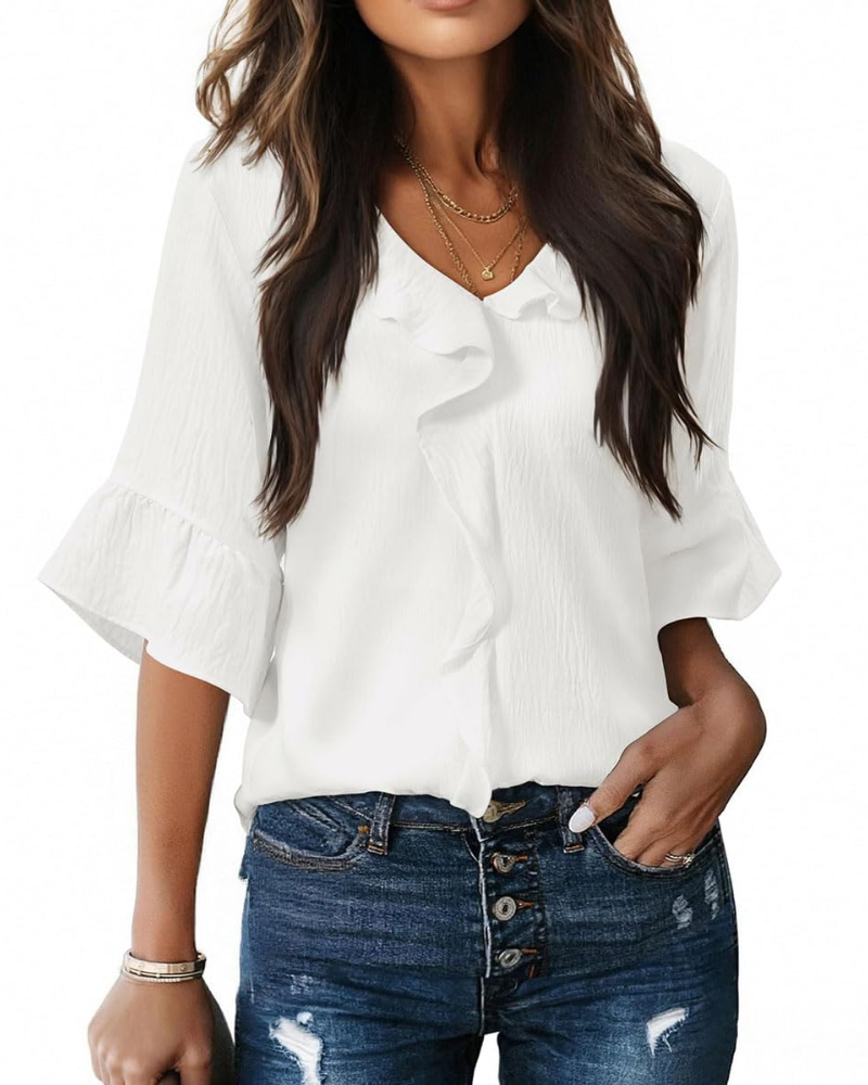 Luna Blouse Femme Été – Col V Volants Manches 3/4 Fluide