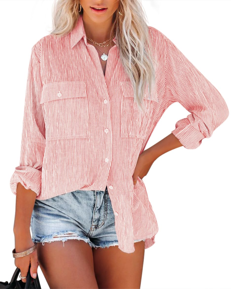 Mila Blouse Femme – Rayée Coton Col V Boutonnée Manches Longues