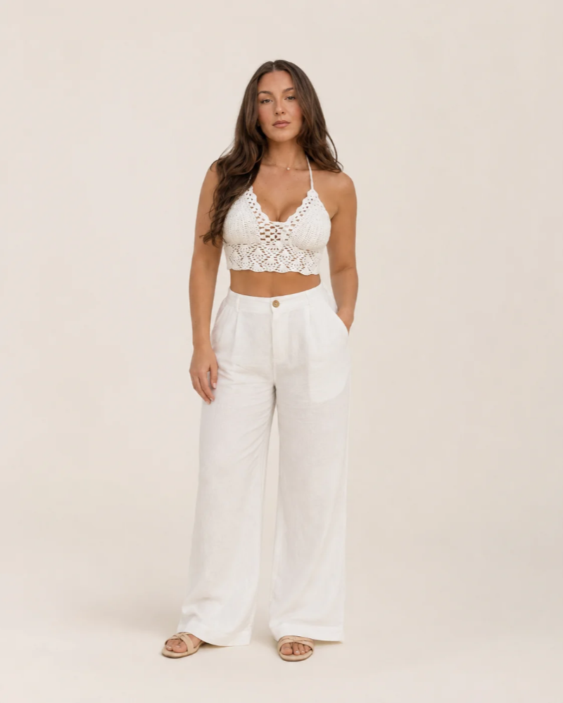 Γυναικείο Τοπ Bailey Top Crochet – Λευκό Crop Top με Λαιμόκοψη Halter και Ρυθμιζόμενη Πλάτη σε Μποέμ Στυλ